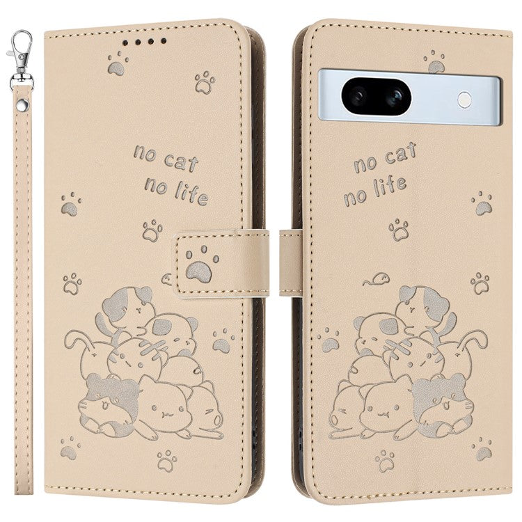 For Google Pixel 7a Case with Strap Cats Imprint Leather Wallet Phone Cover - Beige