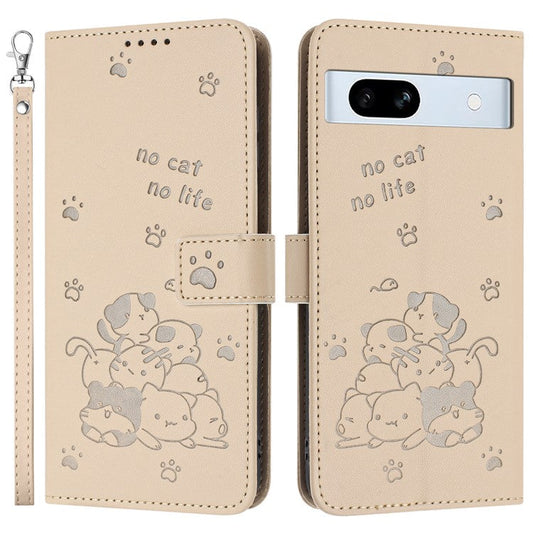 For Google Pixel 7a Case with Strap Cats Imprint Leather Wallet Phone Cover - Beige