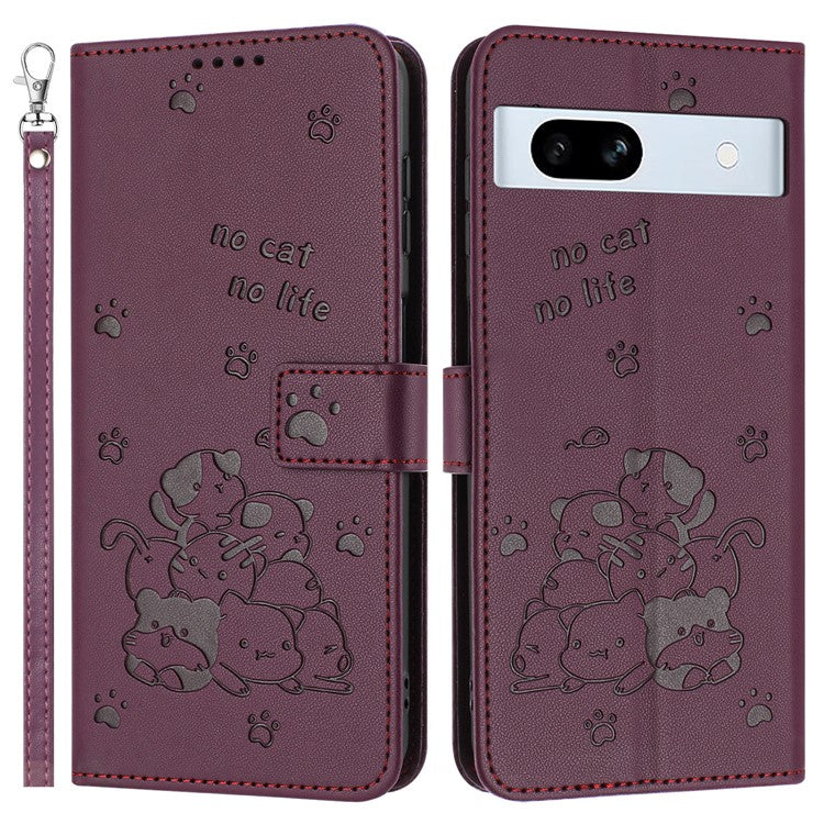 For Google Pixel 7a Case with Strap Cats Imprint Leather Wallet Phone Cover - Wine Red