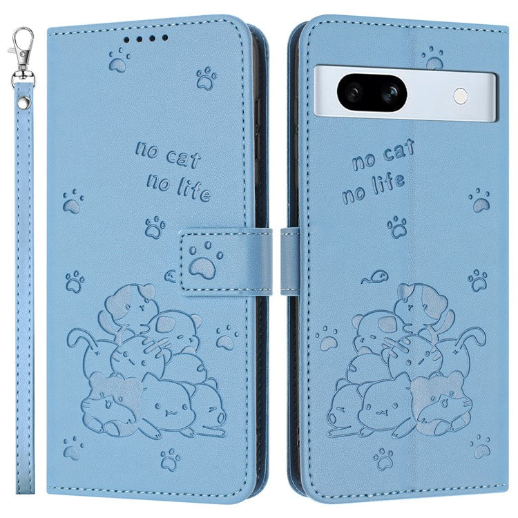 For Google Pixel 7a Case with Strap Cats Imprint Leather Wallet Phone Cover - Blue