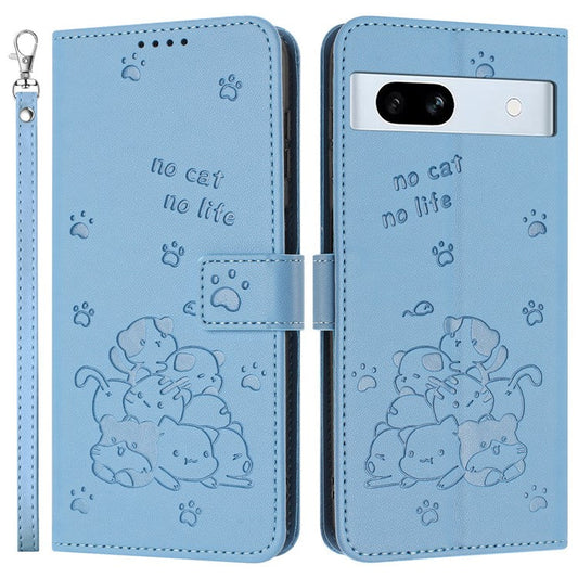 For Google Pixel 7a Case with Strap Cats Imprint Leather Wallet Phone Cover - Blue