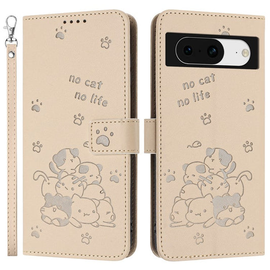 For Google Pixel 8 Case with Strap Cats Imprint Leather Wallet Phone Cover - Beige