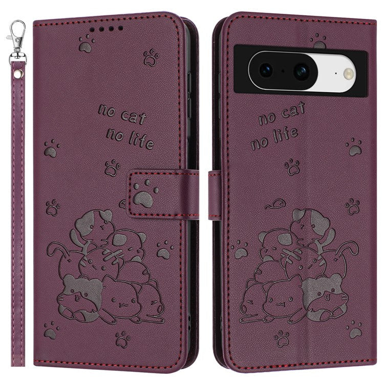 For Google Pixel 8 Case with Strap Cats Imprint Leather Wallet Phone Cover - Wine Red