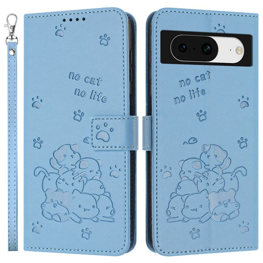 For Google Pixel 8 Case with Strap Cats Imprint Leather Wallet Phone Cover - Blue