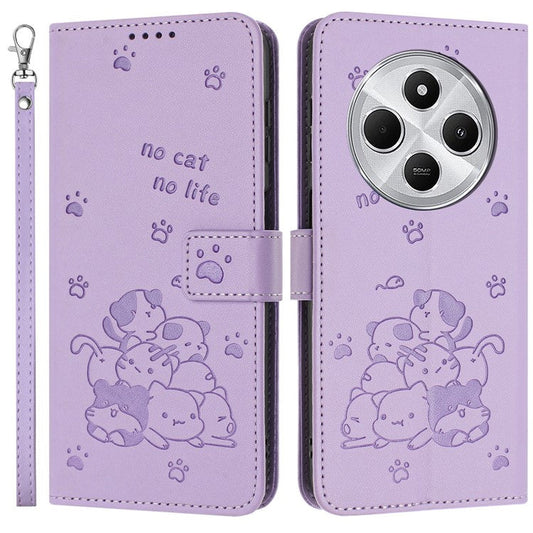 For Xiaomi Poco C75 4G / Redmi 14R 5G / 14C 4G Case with Strap Cats Imprint Leather Wallet Phone Cover - Purple