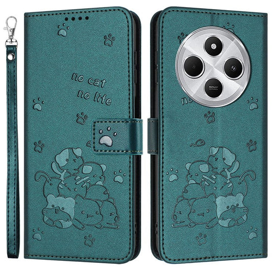 For Xiaomi Poco C75 4G / Redmi 14R 5G / 14C 4G Case with Strap Cats Imprint Leather Wallet Phone Cover - Blackish Green