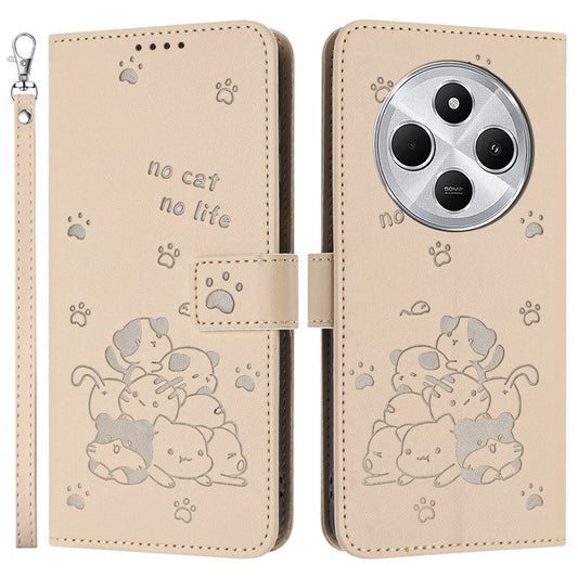 For Xiaomi Poco C75 4G / Redmi 14R 5G / 14C 4G Case with Strap Cats Imprint Leather Wallet Phone Cover - Beige