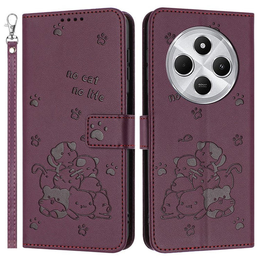 For Xiaomi Poco C75 4G / Redmi 14R 5G / 14C 4G Case with Strap Cats Imprint Leather Wallet Phone Cover - Wine Red