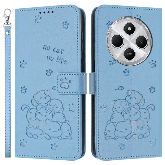 For Xiaomi Poco C75 4G / Redmi 14R 5G / 14C 4G Case with Strap Cats Imprint Leather Wallet Phone Cover - Blue