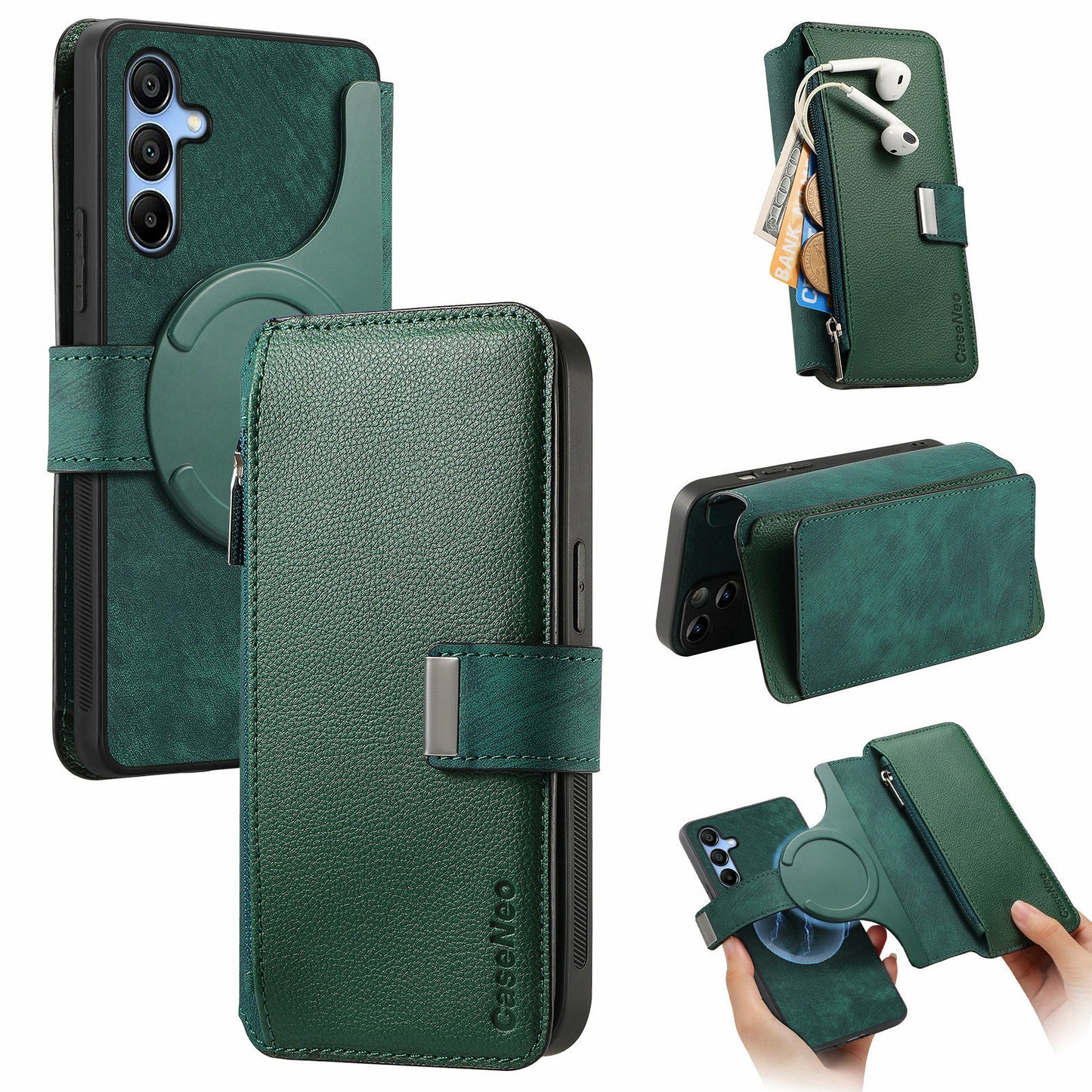 CASENEO MW-02 For Samsung Galaxy A16 5G / A16 4G Case Detachable Magnetic Leather Flip Phone Cover - Green