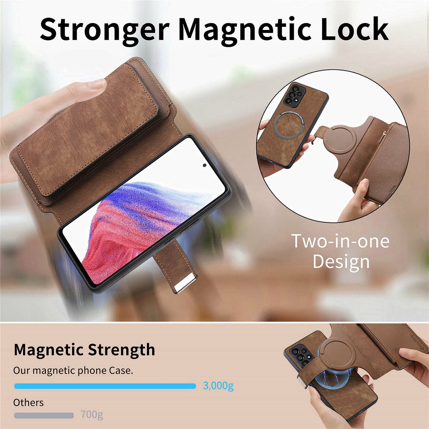 CASENEO MW-02 For Samsung Galaxy A06 Case Detachable Magnetic Leather Flip Phone Cover - Brown