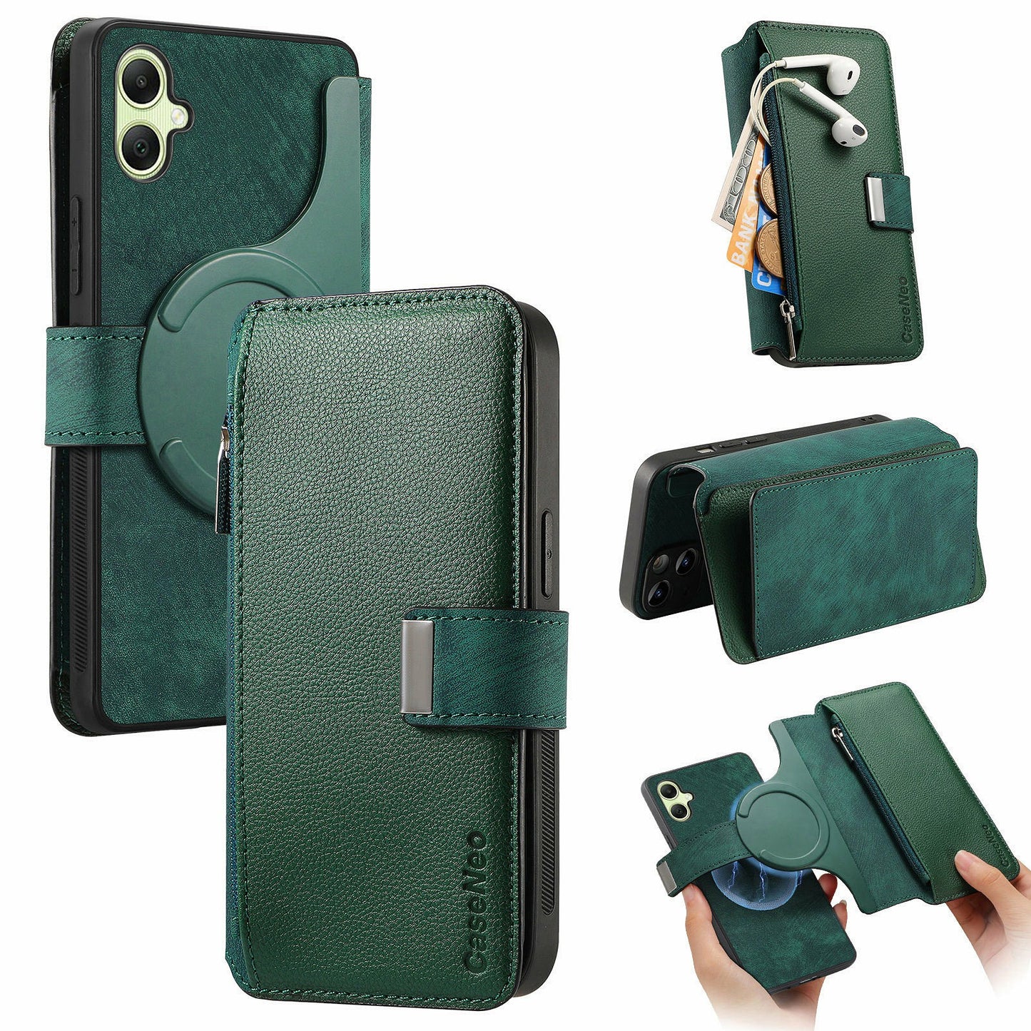 CASENEO MW-02 For Samsung Galaxy A06 Case Detachable Magnetic Leather Flip Phone Cover - Green