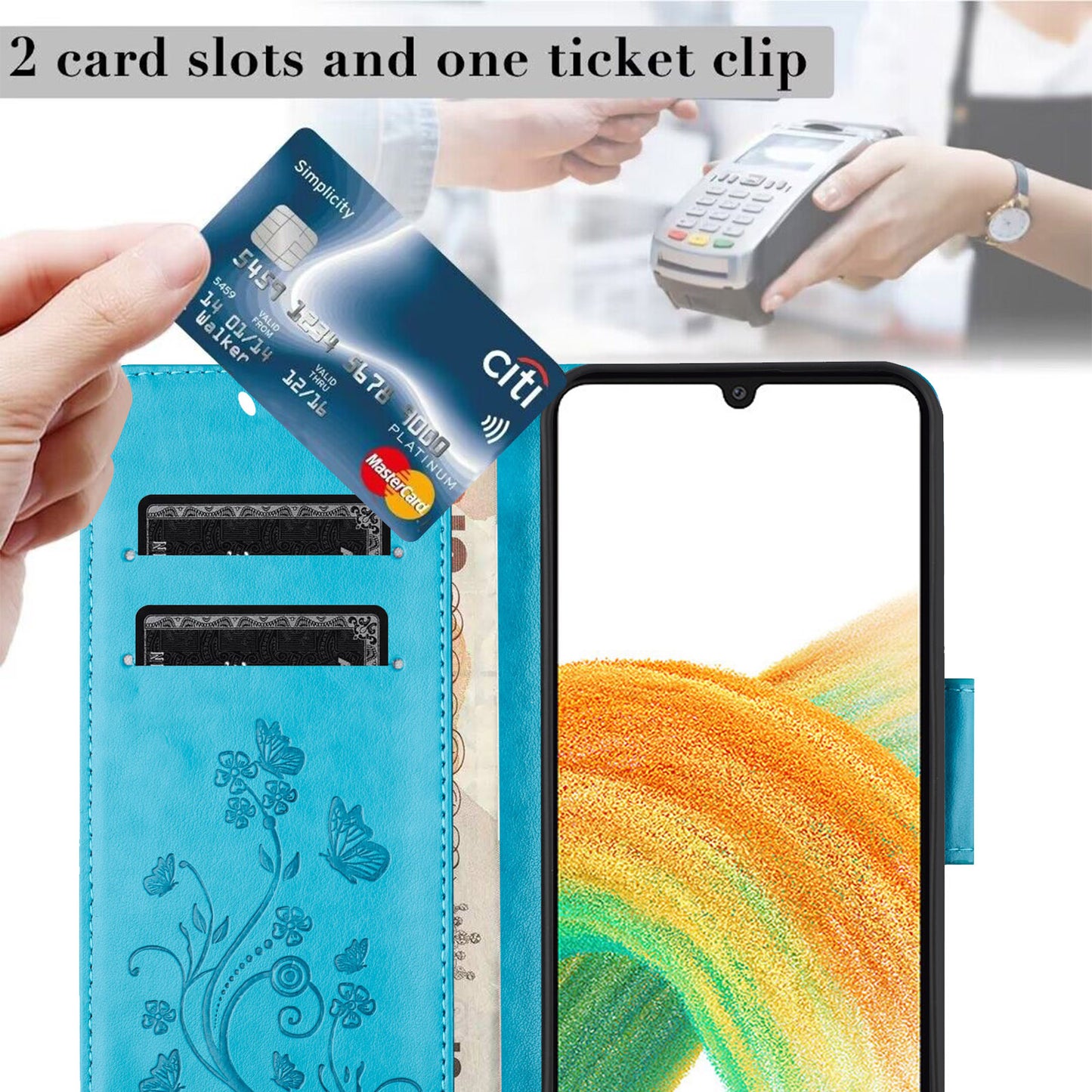 For Samsung Galaxy A16 5G / A16 4G Case Imprinted Mini Butterfly Leather Wallet Phone Cover - Blue