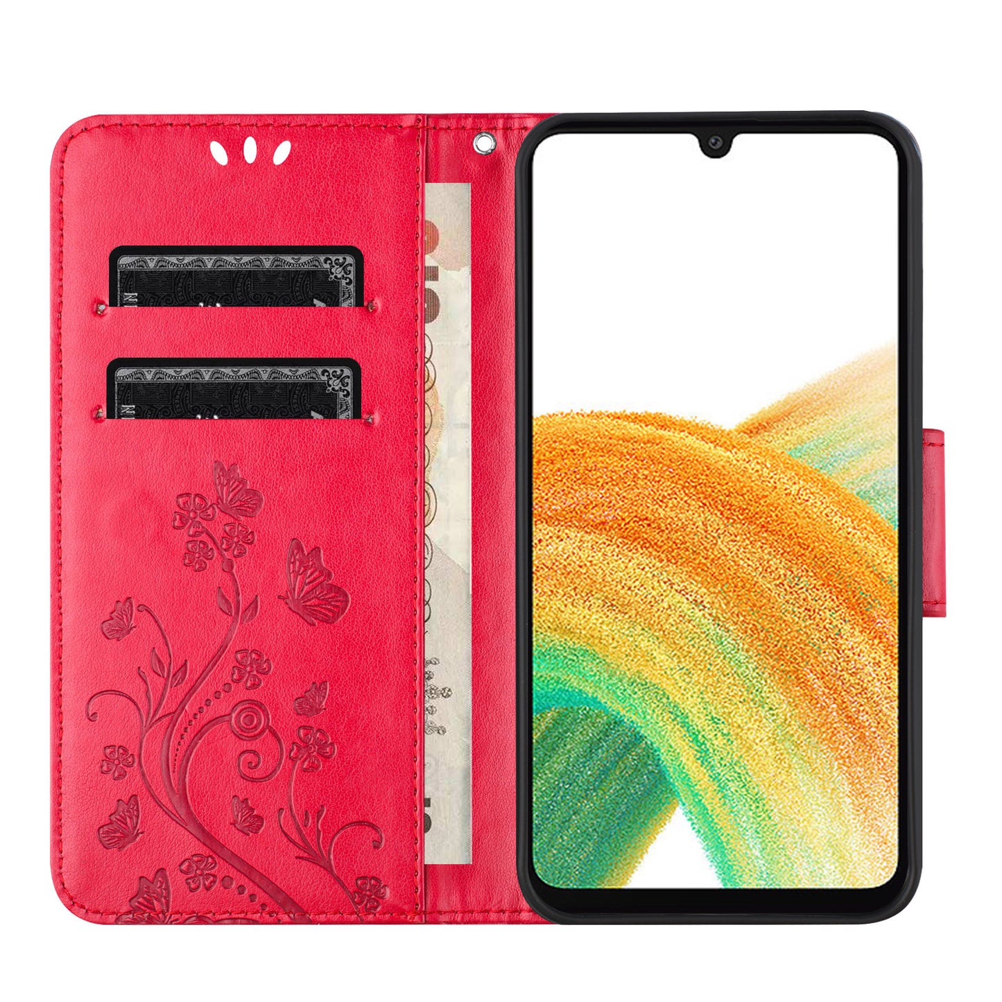 For Samsung Galaxy A16 5G / A16 4G Case Imprinted Mini Butterfly Leather Wallet Phone Cover - Red