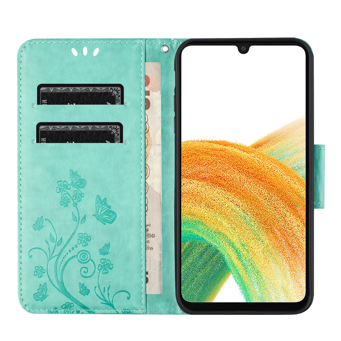 For Samsung Galaxy A16 5G / A16 4G Case Imprinted Mini Butterfly Leather Wallet Phone Cover - Green