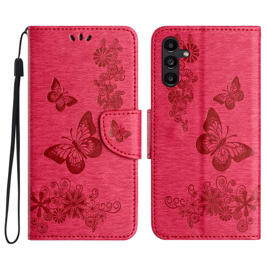 For Samsung Galaxy A16 5G / A16 4G Case Butterflies Flower Leather Wallet Flip Phone Cover - Red