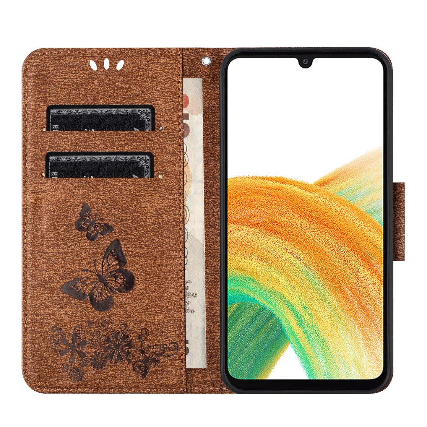 For Samsung Galaxy A16 5G / A16 4G Case Butterflies Flower Leather Wallet Flip Phone Cover - Brown