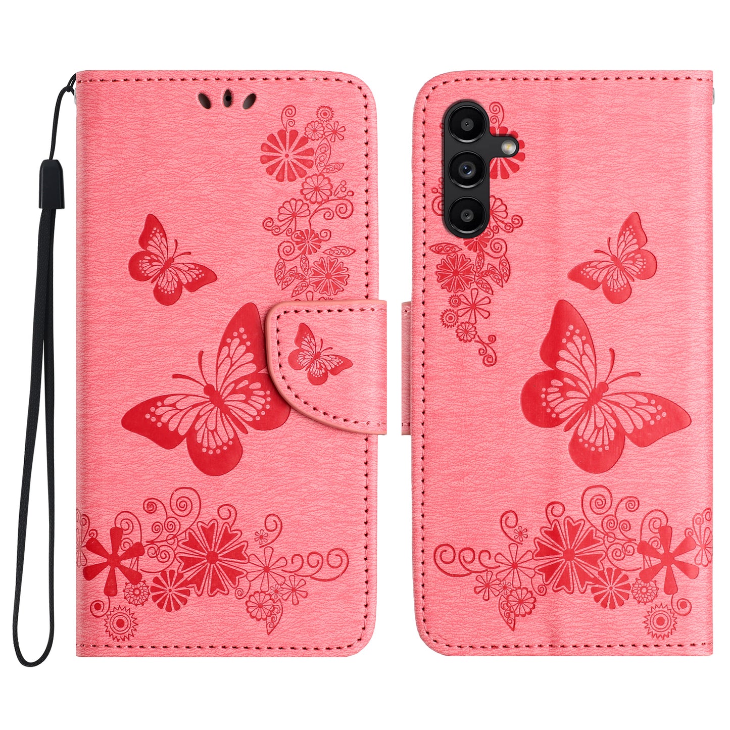 For Samsung Galaxy A16 5G / A16 4G Case Butterflies Flower Leather Wallet Flip Phone Cover - Pink
