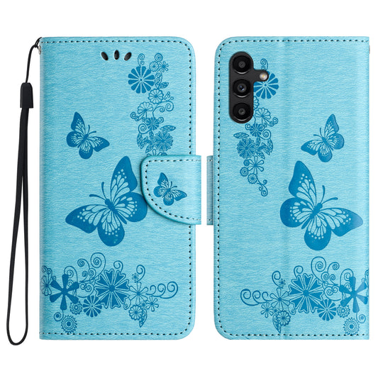For Samsung Galaxy A16 5G / A16 4G Case Butterflies Flower Leather Wallet Flip Phone Cover - Blue