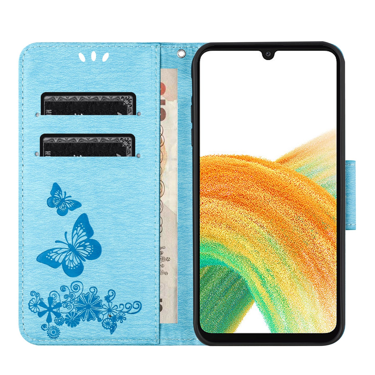 For Samsung Galaxy A16 5G / A16 4G Case Butterflies Flower Leather Wallet Flip Phone Cover - Blue