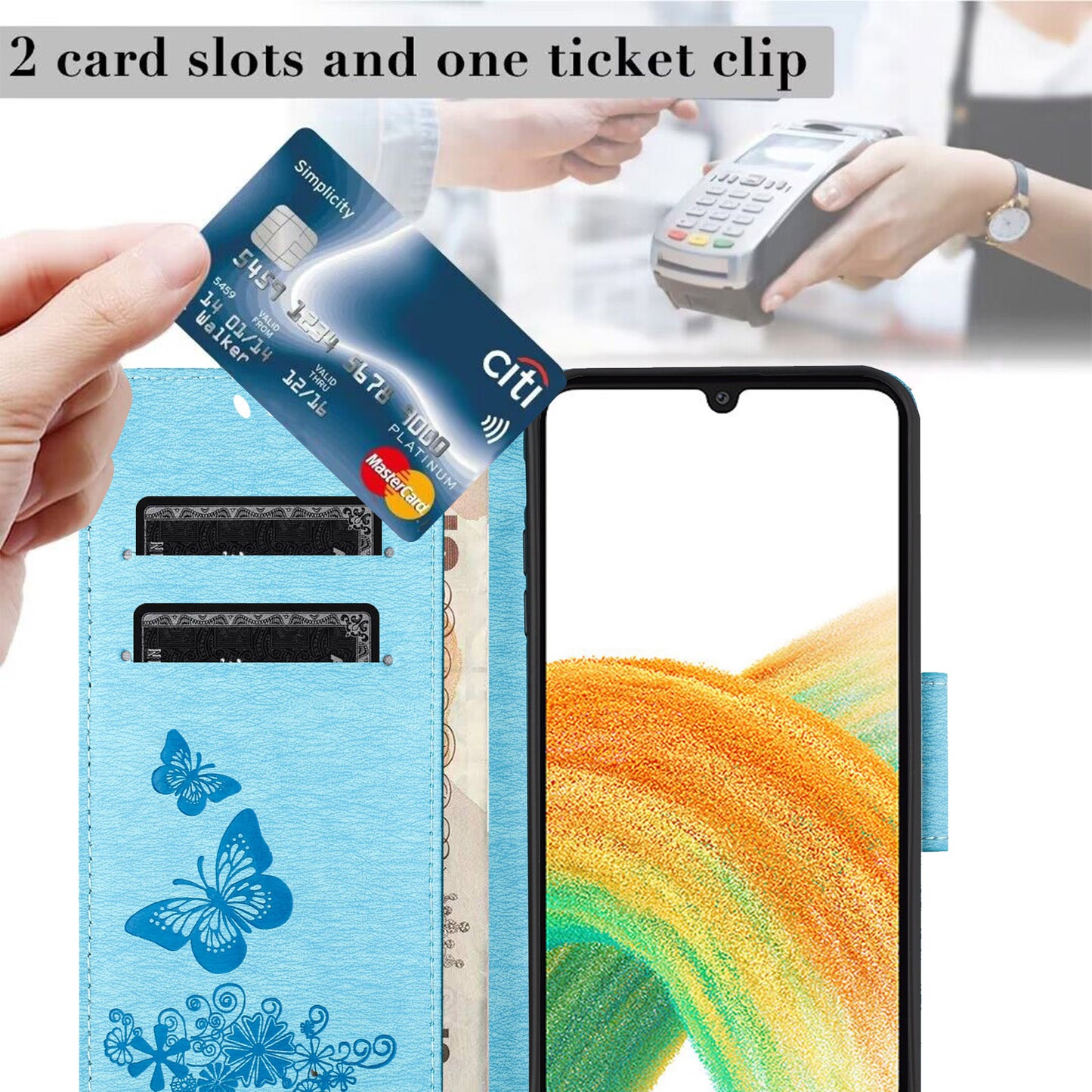 For Samsung Galaxy A16 5G / A16 4G Case Butterflies Flower Leather Wallet Flip Phone Cover - Blue