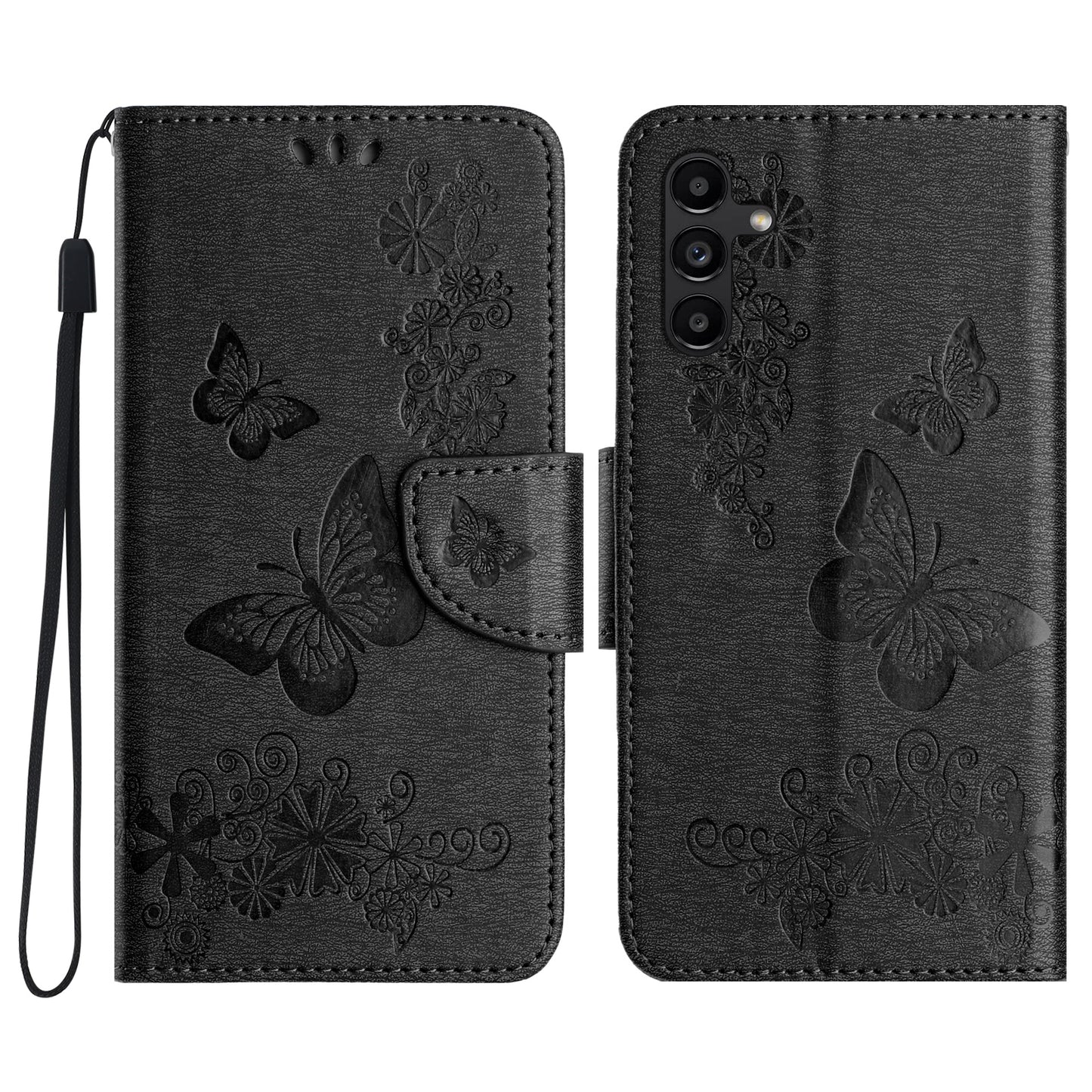 For Samsung Galaxy A16 5G / A16 4G Case Butterflies Flower Leather Wallet Flip Phone Cover - Black