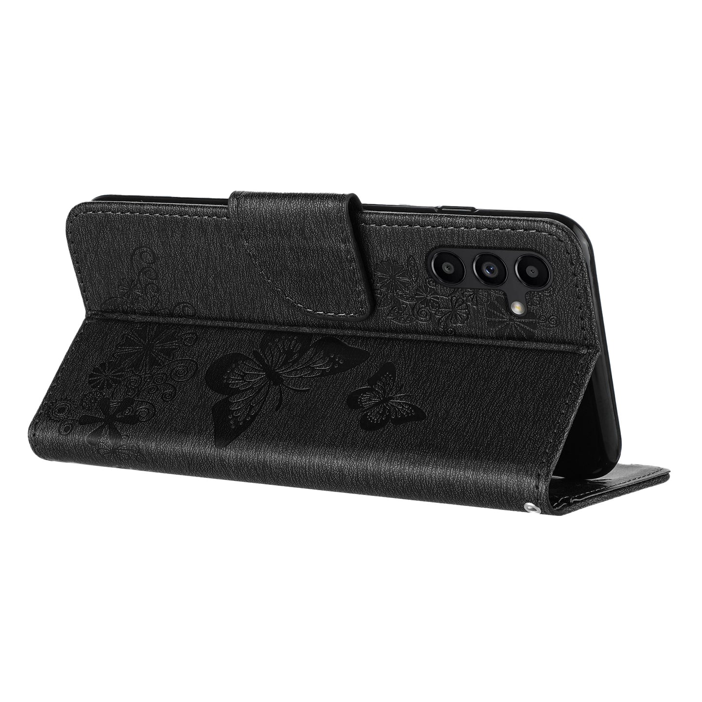 For Samsung Galaxy A16 5G / A16 4G Case Butterflies Flower Leather Wallet Flip Phone Cover - Black