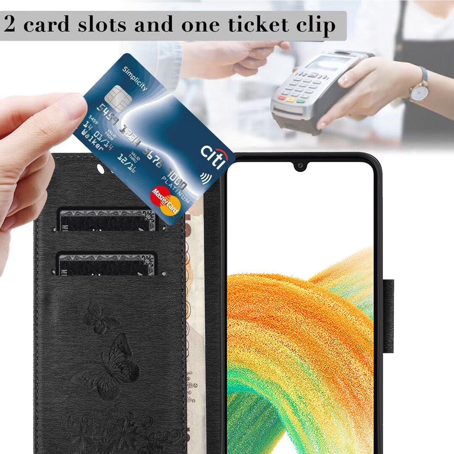 For Samsung Galaxy A16 5G / A16 4G Case Butterflies Flower Leather Wallet Flip Phone Cover - Black