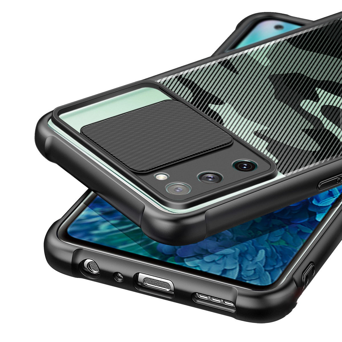 RZANTS For Samsung Galaxy S20 FE 4G / 5G  /  S20 FE 2022 Flexible TPU+Acrylic Phone Case Camouflage Pattern Lens Slide Window Protective Cover - Blue