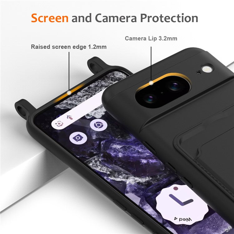 For Google Pixel 8 Case Liquid Silicone Card Holder Phone Back Cover with Lanyard - Black