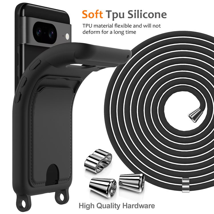 For Google Pixel 8 Case Liquid Silicone Card Holder Phone Back Cover with Lanyard - Black