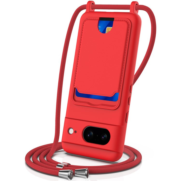 For Google Pixel 8 Case Liquid Silicone Card Holder Phone Back Cover with Lanyard - Red