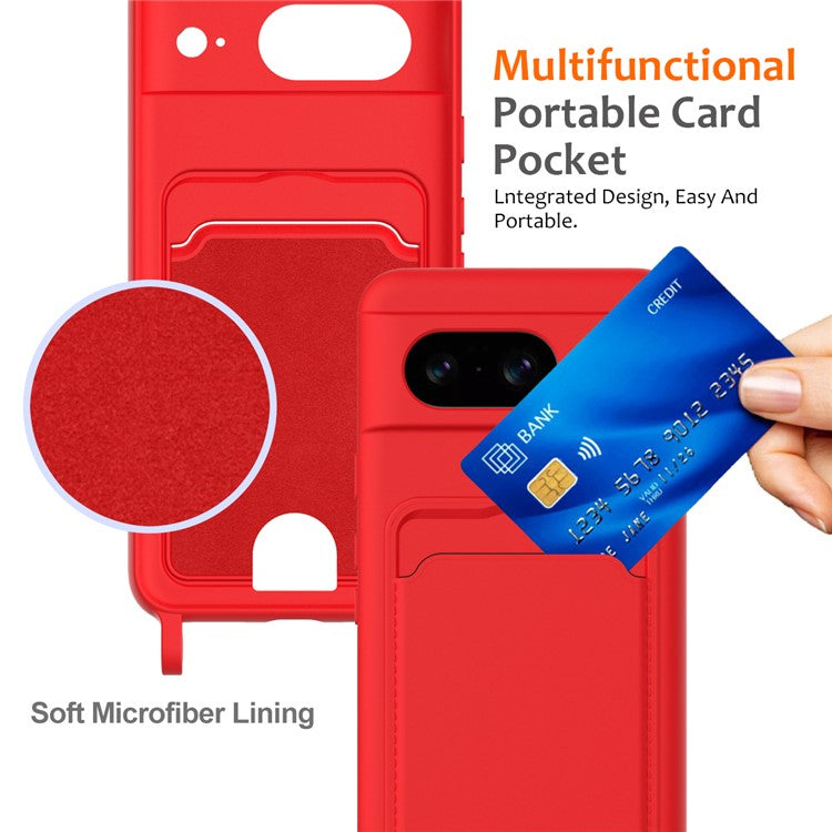 For Google Pixel 8 Case Liquid Silicone Card Holder Phone Back Cover with Lanyard - Red