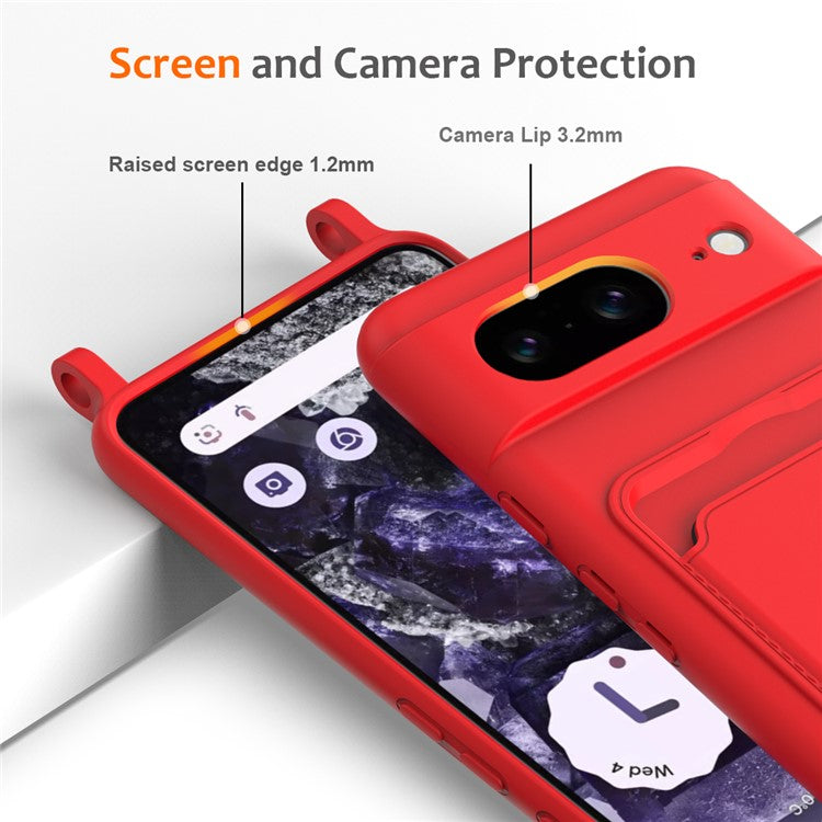 For Google Pixel 8 Case Liquid Silicone Card Holder Phone Back Cover with Lanyard - Red