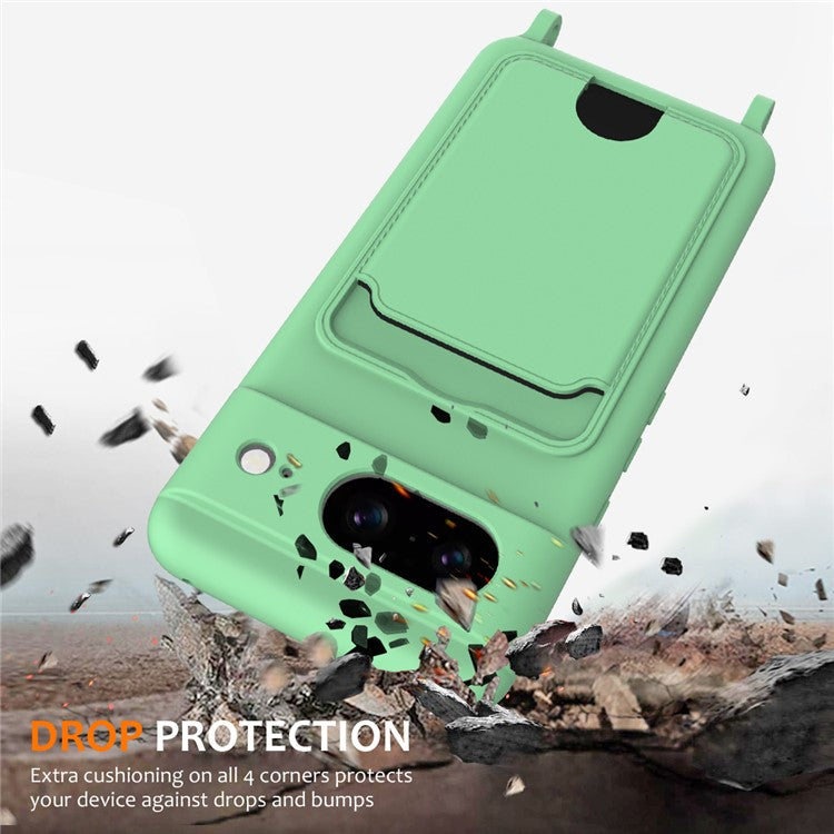 For Google Pixel 8 Case Liquid Silicone Card Holder Phone Back Cover with Lanyard - Green
