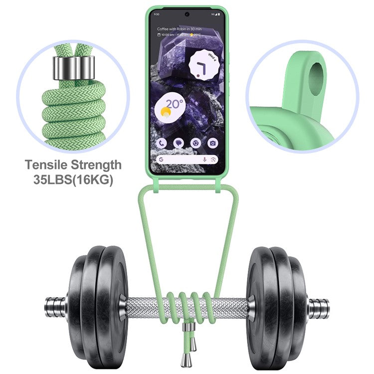 For Google Pixel 8 Case Liquid Silicone Card Holder Phone Back Cover with Lanyard - Green