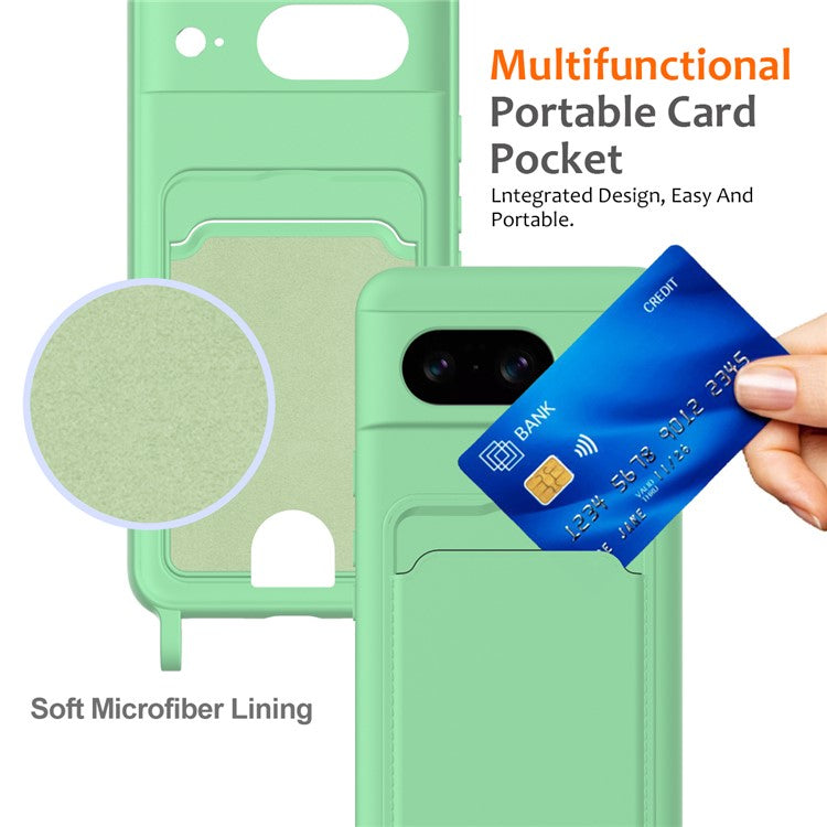 For Google Pixel 8 Case Liquid Silicone Card Holder Phone Back Cover with Lanyard - Green