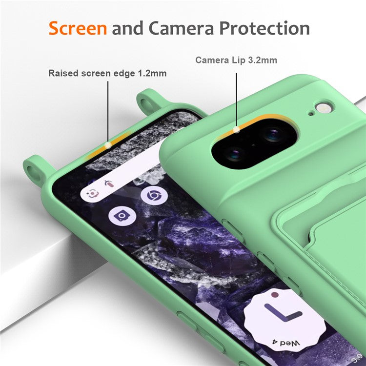 For Google Pixel 8 Case Liquid Silicone Card Holder Phone Back Cover with Lanyard - Green