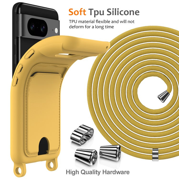 For Google Pixel 8 Case Liquid Silicone Card Holder Phone Back Cover with Lanyard - Yellow