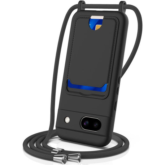 For Google Pixel 8a Case Liquid Silicone Card Holder Phone Back Cover with Lanyard - Black