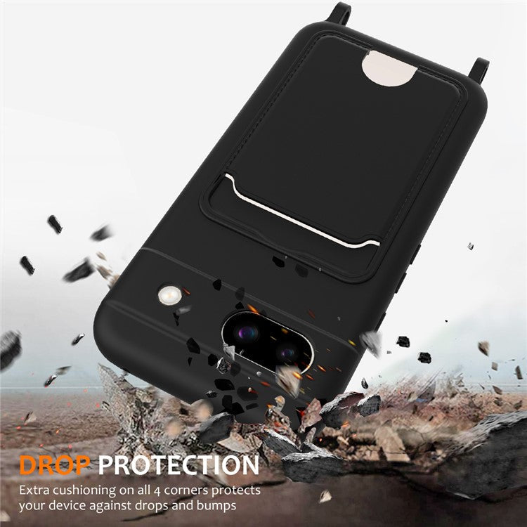 For Google Pixel 8a Case Liquid Silicone Card Holder Phone Back Cover with Lanyard - Black