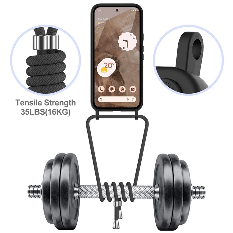 For Google Pixel 8a Case Liquid Silicone Card Holder Phone Back Cover with Lanyard - Black