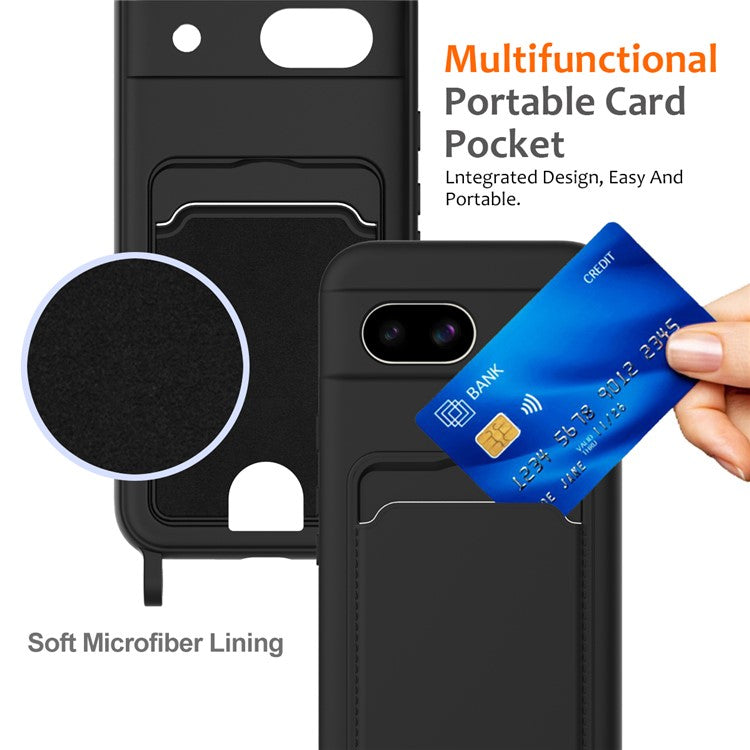 For Google Pixel 8a Case Liquid Silicone Card Holder Phone Back Cover with Lanyard - Black