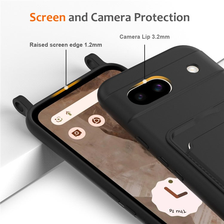 For Google Pixel 8a Case Liquid Silicone Card Holder Phone Back Cover with Lanyard - Black