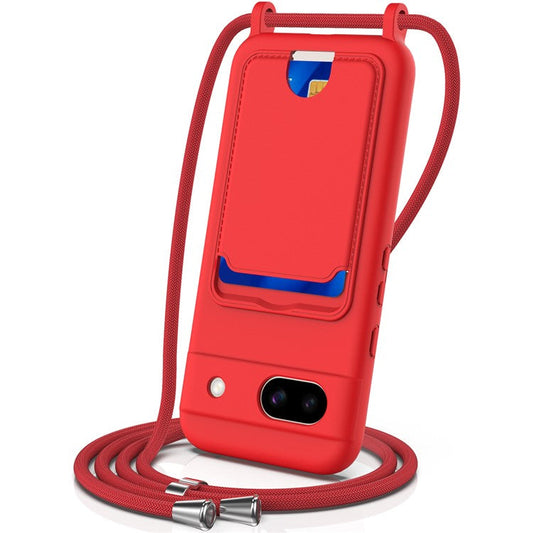 For Google Pixel 8a Case Liquid Silicone Card Holder Phone Back Cover with Lanyard - Red