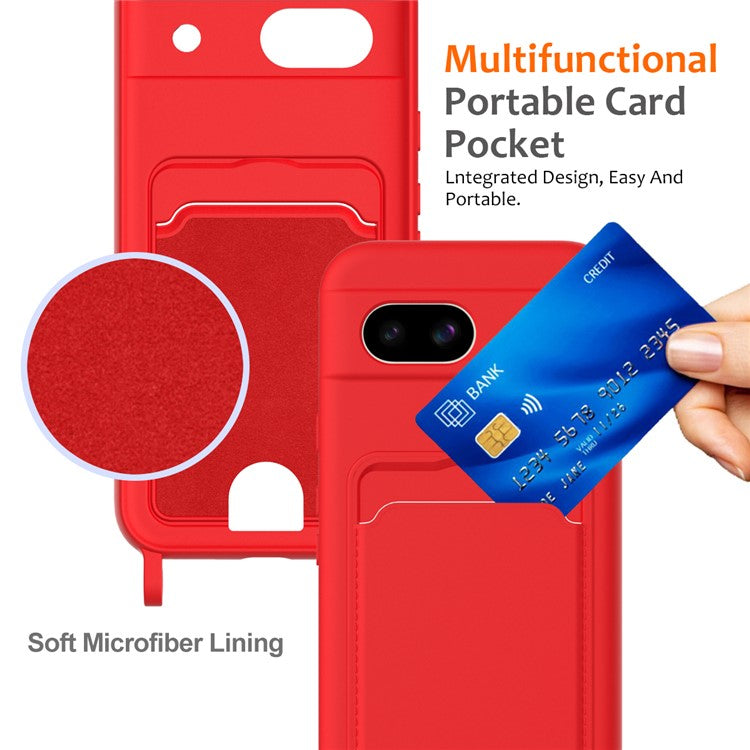 For Google Pixel 8a Case Liquid Silicone Card Holder Phone Back Cover with Lanyard - Red