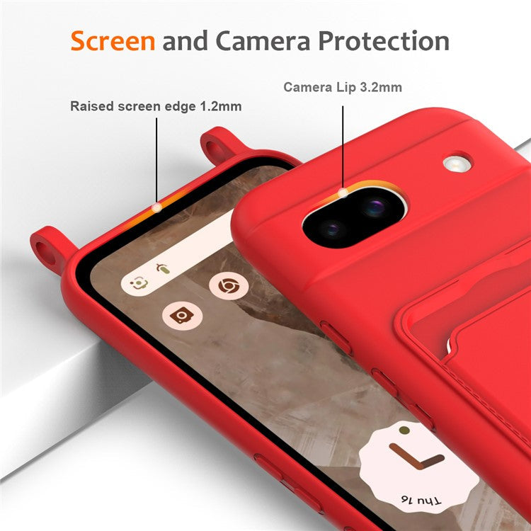 For Google Pixel 8a Case Liquid Silicone Card Holder Phone Back Cover with Lanyard - Red