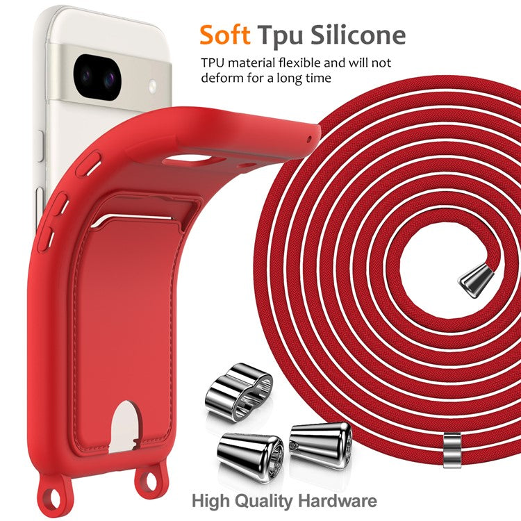 For Google Pixel 8a Case Liquid Silicone Card Holder Phone Back Cover with Lanyard - Red