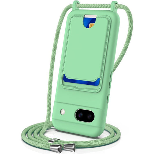 For Google Pixel 8a Case Liquid Silicone Card Holder Phone Back Cover with Lanyard - Green