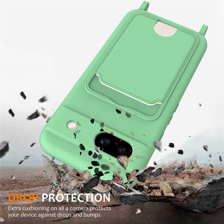 For Google Pixel 8a Case Liquid Silicone Card Holder Phone Back Cover with Lanyard - Green